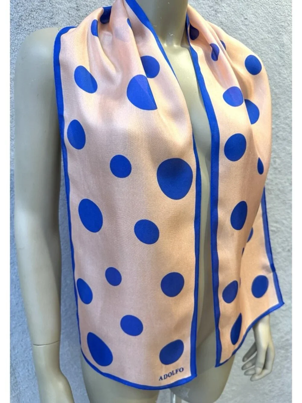 Vintage ADOLFO Silk Scarf, Polka Dots, Peachy Pink & Cobalt Blue 10